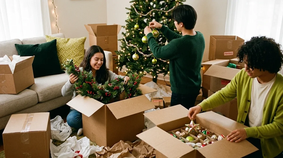 Candid lifestyle photography of a family decorating their new home for the holidays, unpacking festive garlands and ornaments