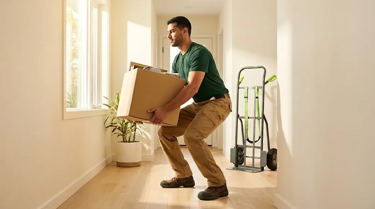 Professional mover demonstrates safe lifting techniques with a cardboard box in a sunlit modern hallway.