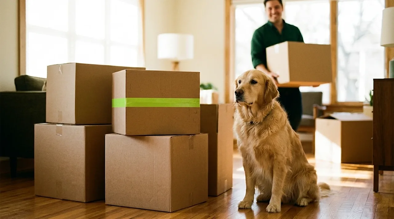 Candid lifestyle photography of a family moving with their pet. A happy golden retriever sitting calmly beside a stack of stu
