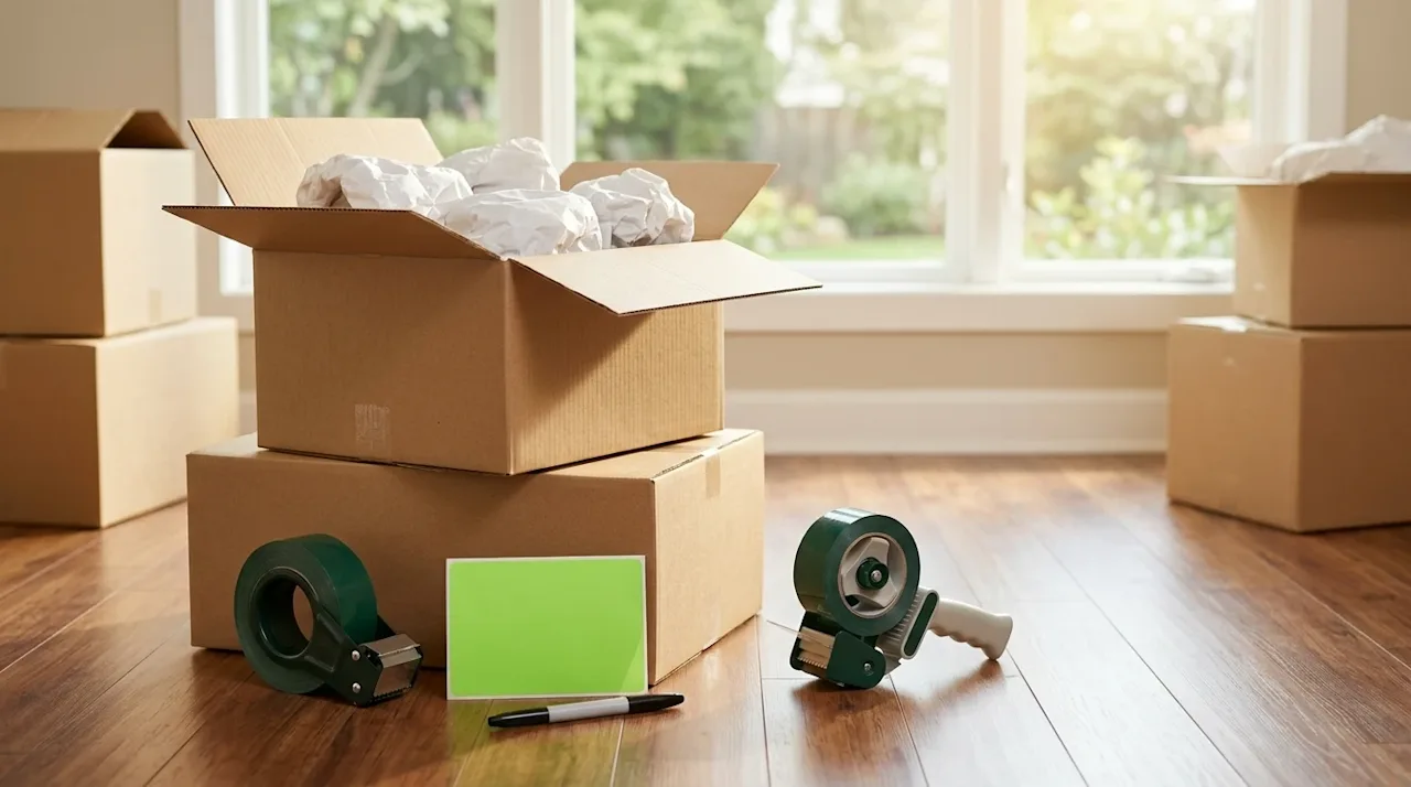 Professional lifestyle photography of a beautifully organized packing scene in a warm, modern suburban home with hardwood flo