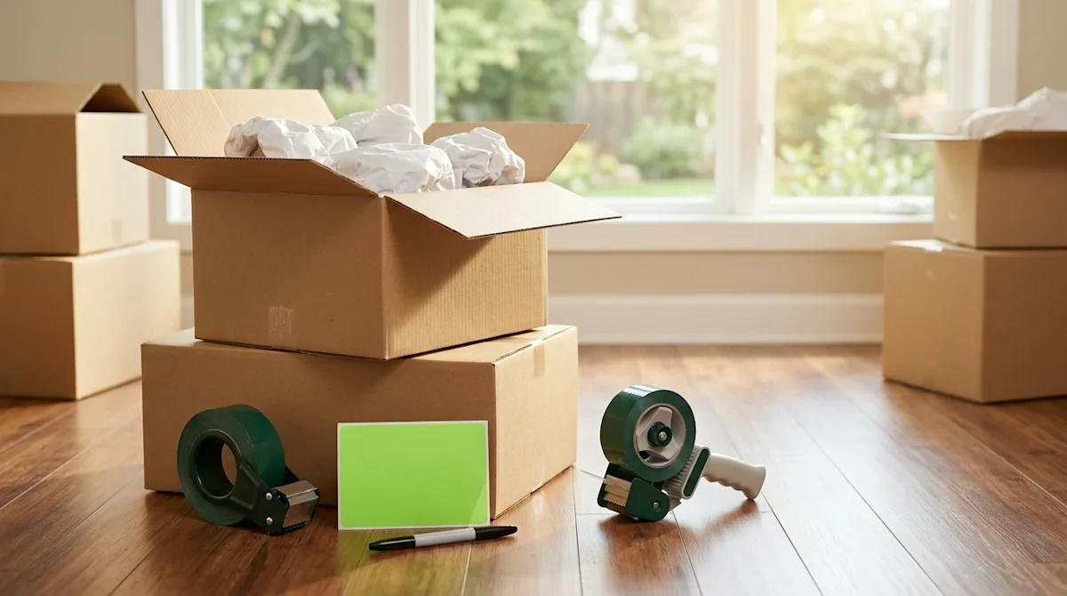Professional lifestyle photography of a beautifully organized packing scene in a warm, modern suburban home with hardwood flo