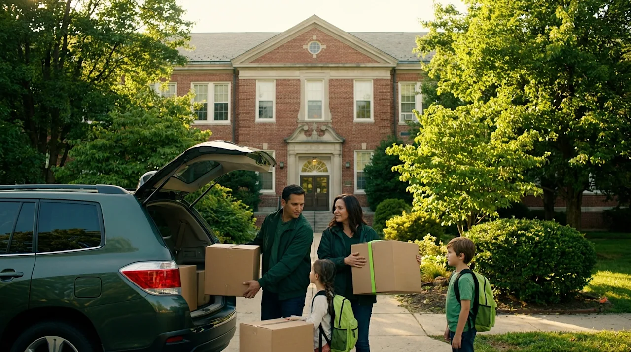 Family with moving boxes outside a scenic brick public school campus in Cherry Hill during relocation.