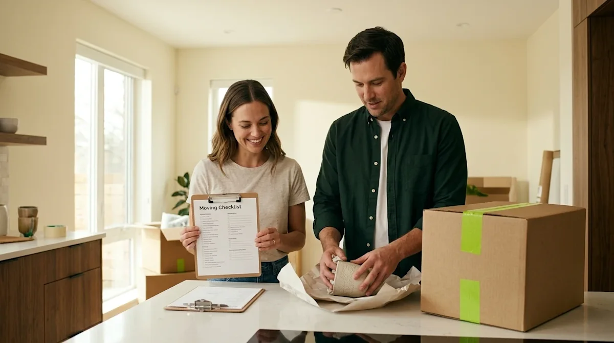 Professional lifestyle marketing photography, full-bleed and borderless. A candid, warm shot of a happy couple in a sunlit, m