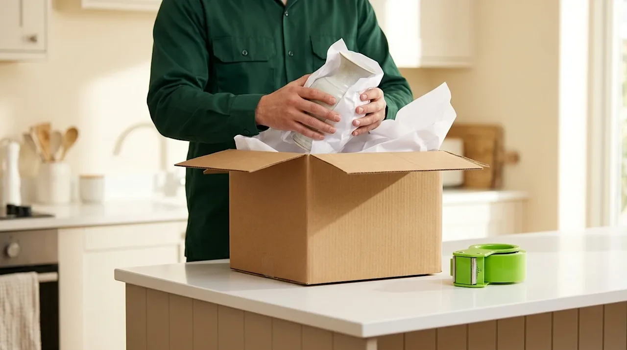 Professional lifestyle marketing photography, close-up shot of a pair of hands carefully wrapping a delicate, valuable cerami