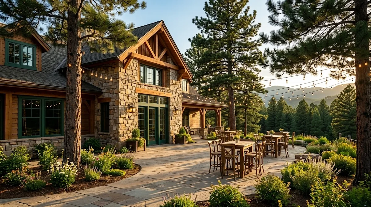 Photorealistic architectural photography of a beautiful, popular event venue in Littleton, Colorado. A rustic-chic historic s