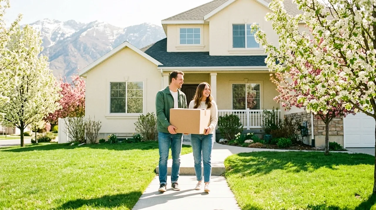 A candid, authentic lifestyle photograph of a happy couple carrying a clean brown cardboard moving box up the walkway to a we