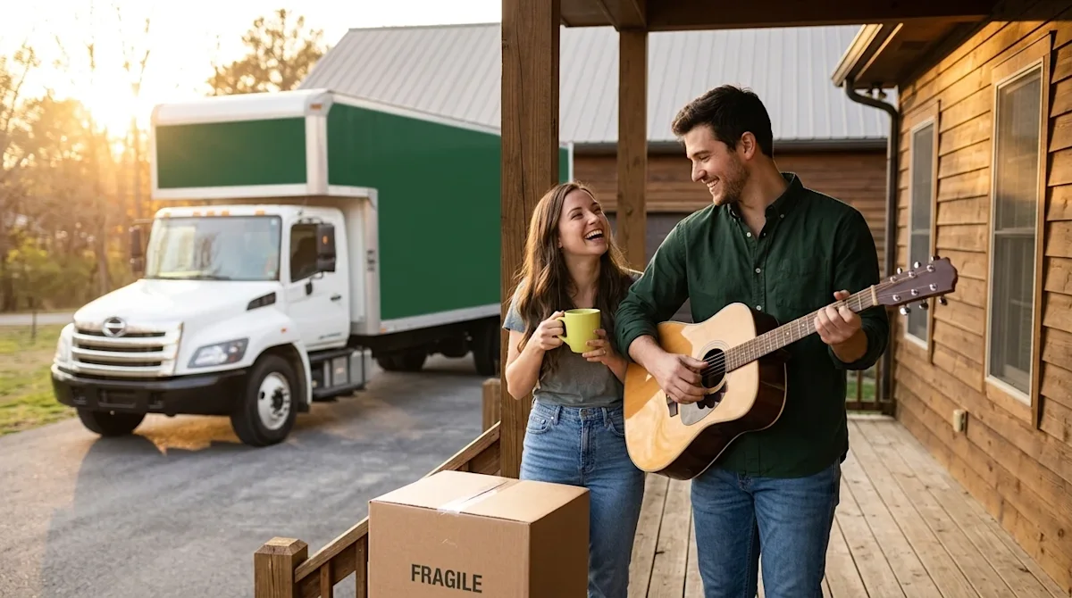 Candid, lifestyle photography of a happy young couple standing on the wooden front porch of their new home in Nashville durin