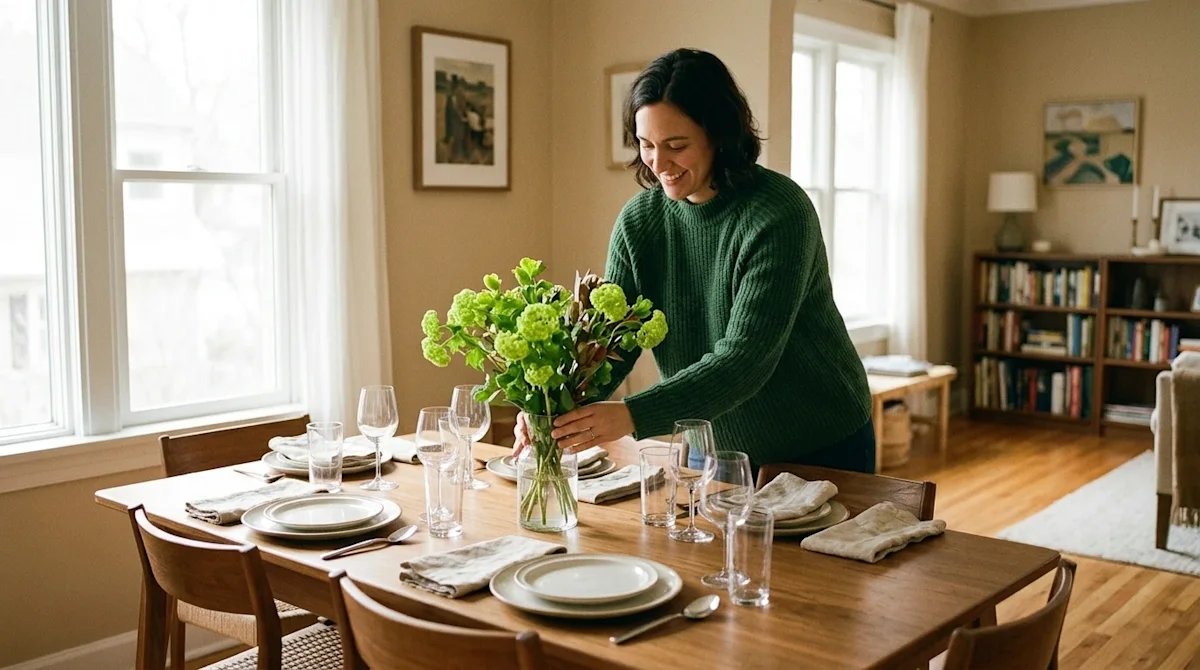 A candid, warm lifestyle photograph of a smiling person preparing a beautifully decorated dining room to host guests in their
