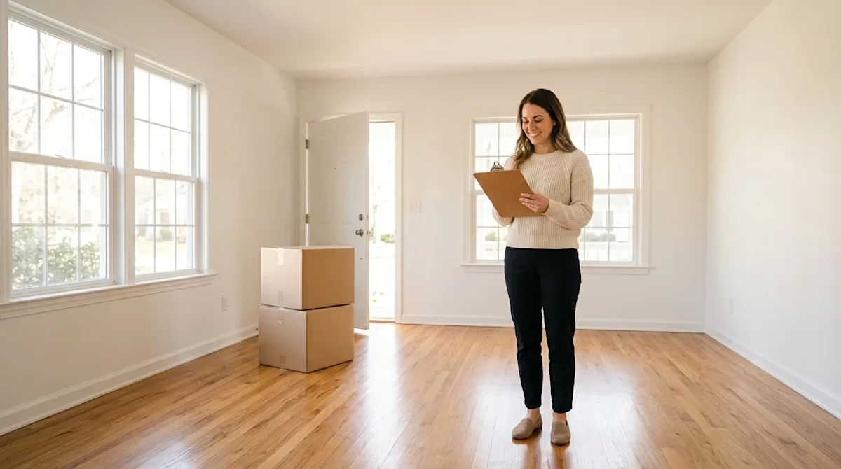 Professional photography of a bright, pristine, freshly cleaned empty apartment living room with gleaming hardwood floors and