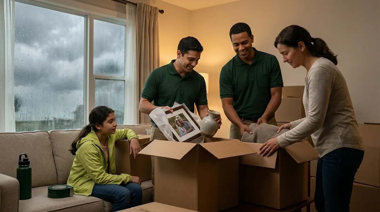 Professional marketing photography of a compassionate moving crew helping a family safely pack their belongings in a softly l