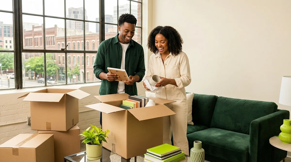 Diverse couple unpacking boxes in a modern Birmingham loft apartment during a successful moving day.