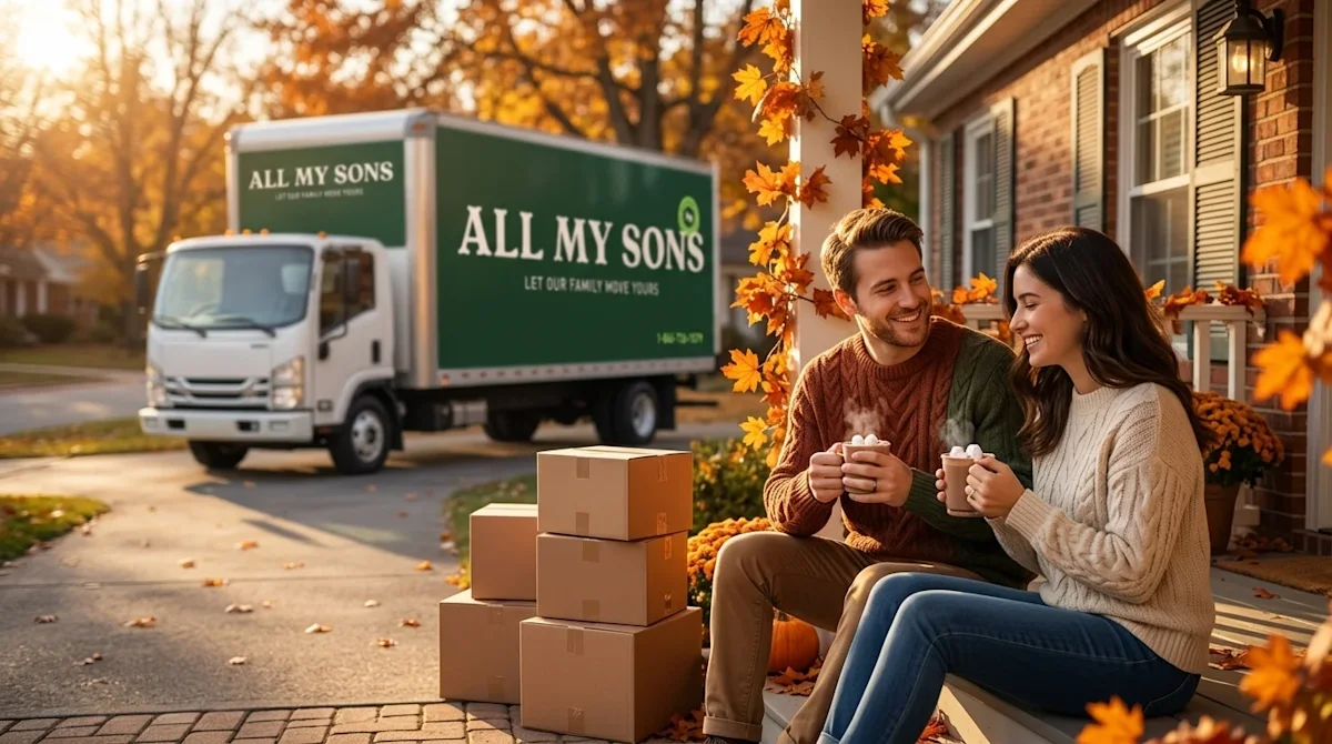 High-quality commercial photography, hero image composition for a blog. A welcoming scene of a couple enjoying a crisp Novemb