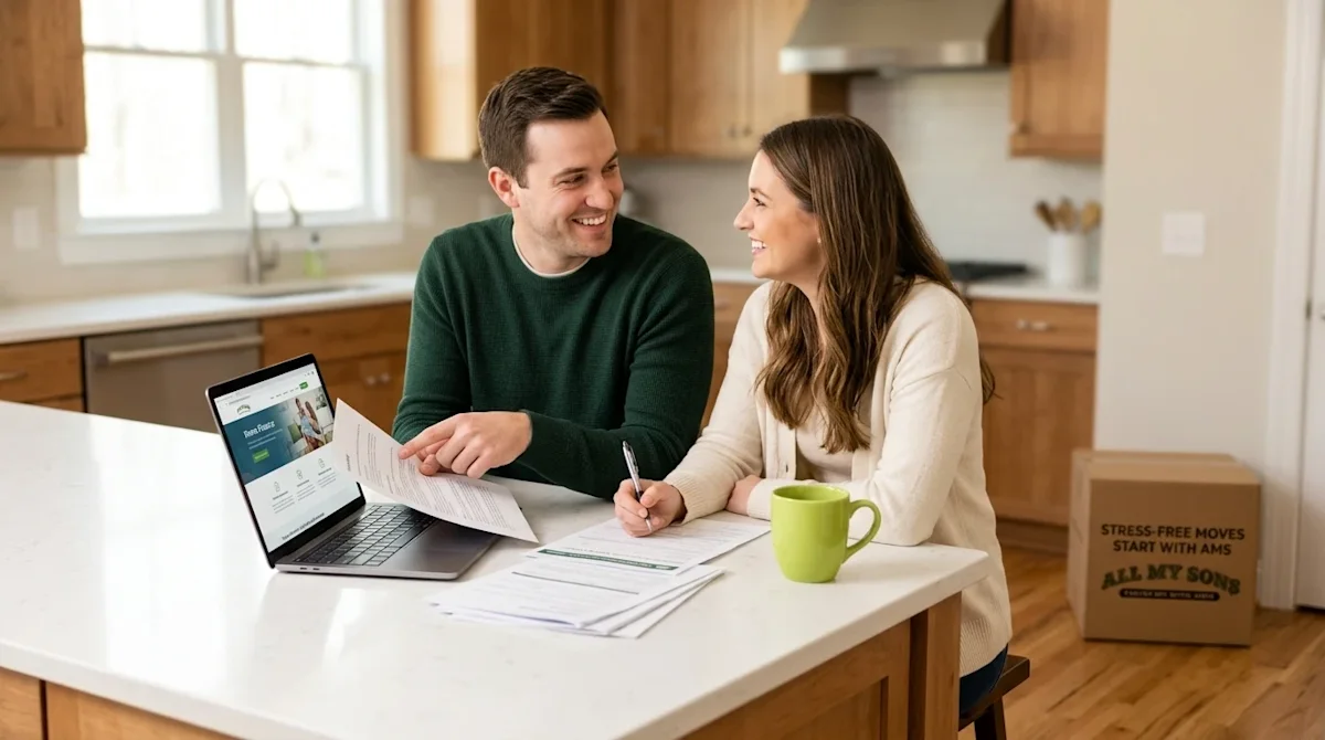 A clear, professional lifestyle marketing photograph of a smiling couple sitting at a modern-traditional kitchen island in a