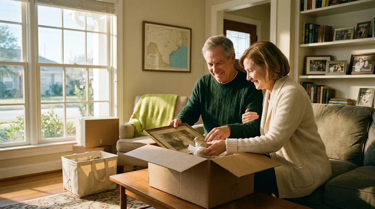 Candid, warm lifestyle photography of a happy senior couple in a sunlit, comfortable living room preparing for a move to Corp