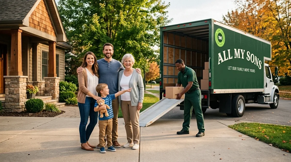 A happy family standing in front of their suburban home while professional movers load an All My Sons moving truck.