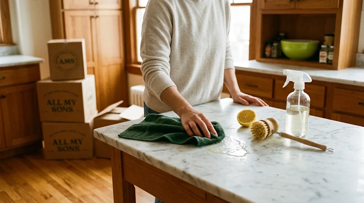 Candid, authentic lifestyle photography of a warm, inviting kitchen being cleaned organically in preparation for a move. A pe