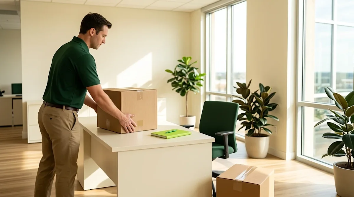Professional marketing photography of a smooth office relocation in progress. A bright, modern corporate office setting with