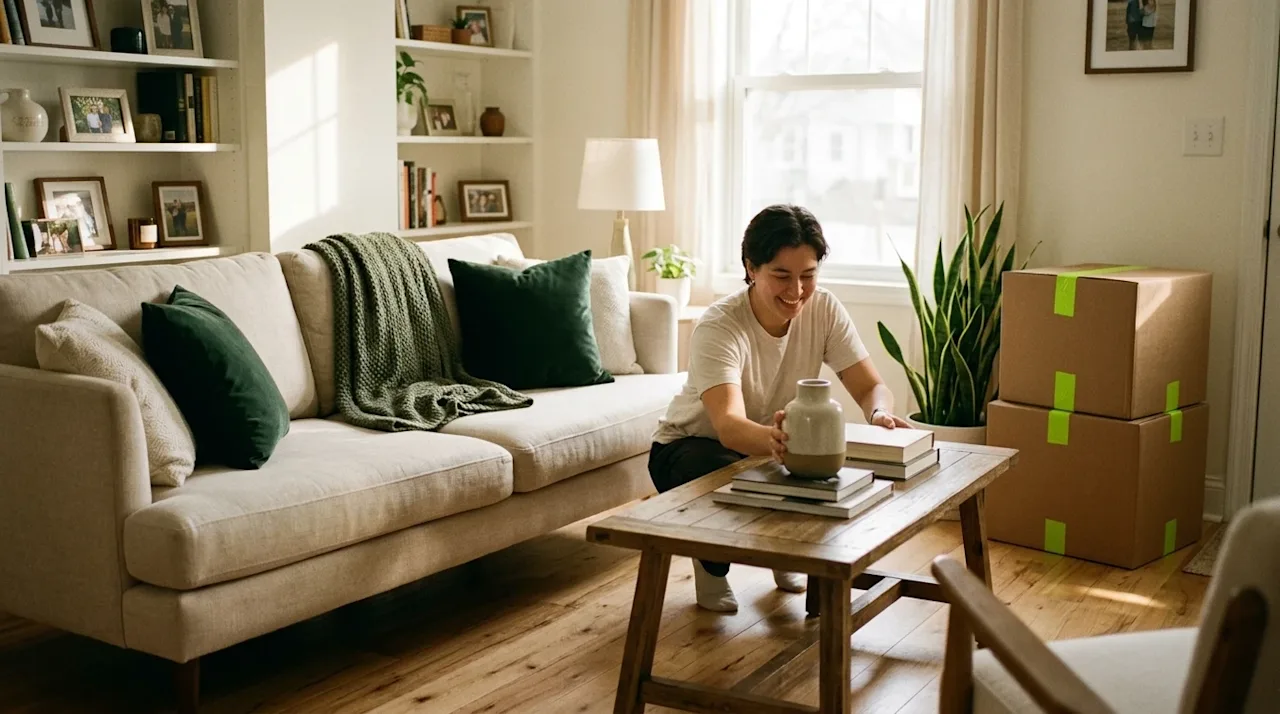 A warm, inviting candid lifestyle photograph of a beautifully styled living room in a newly purchased home, capturing the fee
