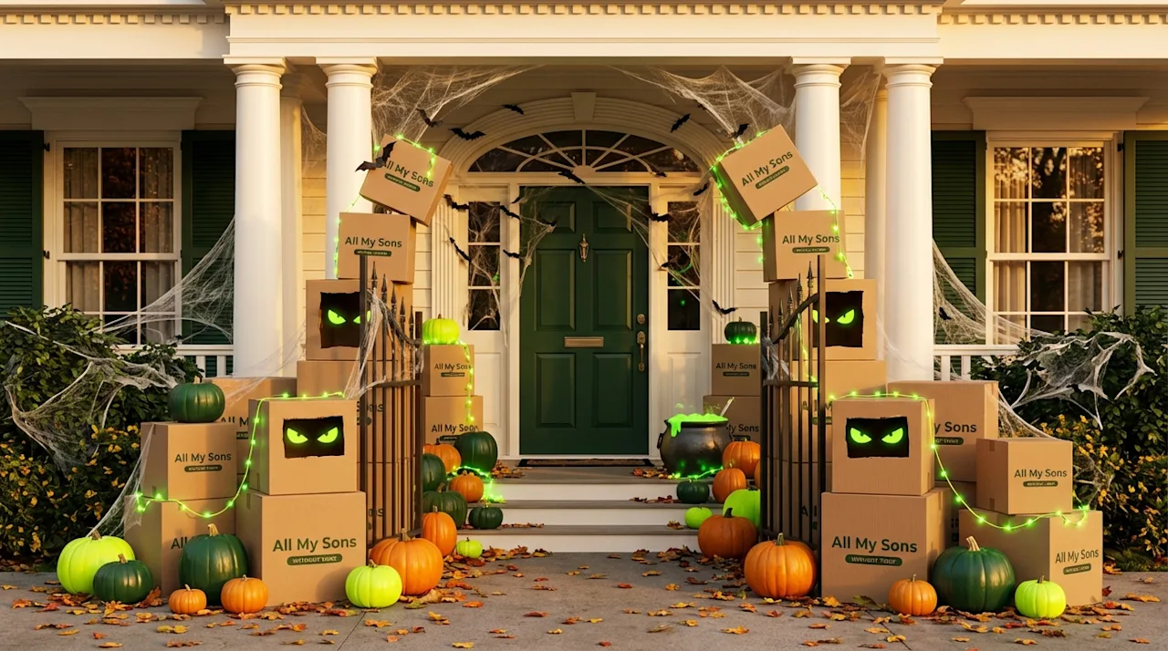 Spooky Halloween porch décor featuring All My Sons moving boxes, pumpkins, and neon green lights at an Atlanta home.
