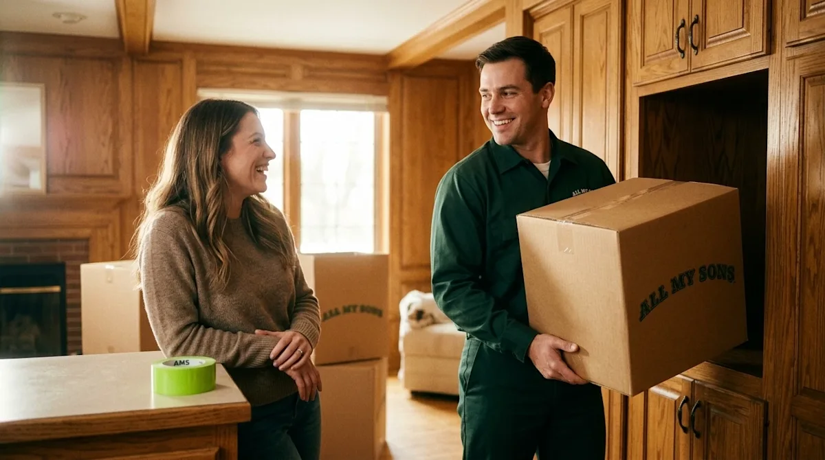 A candid, authentic 35mm lifestyle photograph capturing the relief of a stress-free moving day, highlighting the qualities of