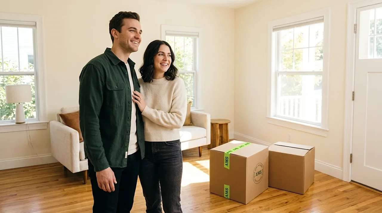 Professional marketing photography of a joyful young couple standing in the brightly sunlit living room of their first home,