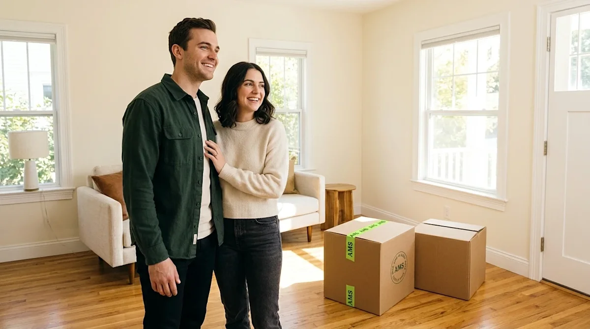 Professional marketing photography of a joyful young couple standing in the brightly sunlit living room of their first home,