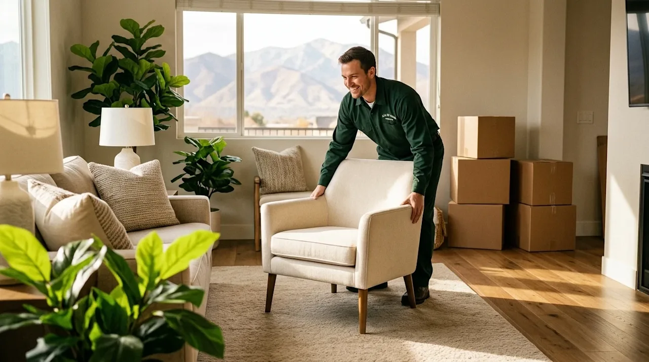 High-quality lifestyle photography of a home staging process in a brightly lit, welcoming living room. A friendly professiona