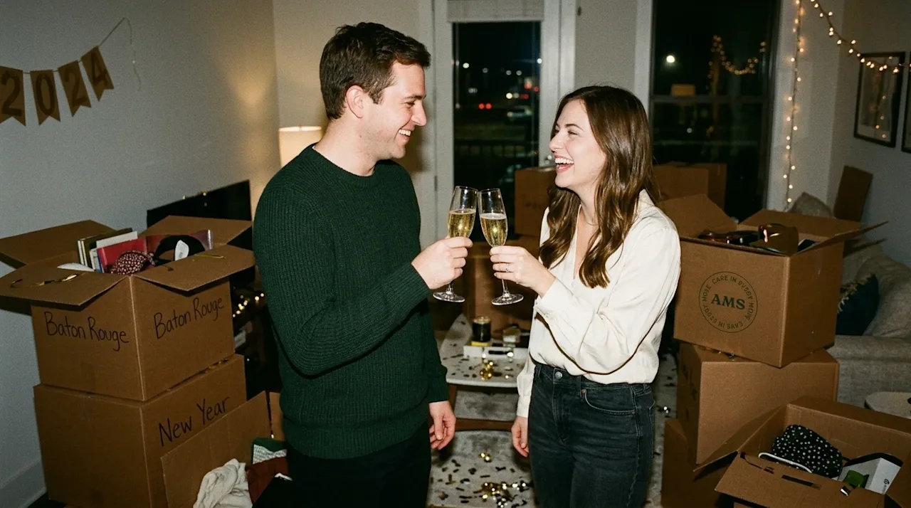 Candid 35mm film photography of a joyful couple celebrating New Year's Eve in their new Baton Rouge home. They are laughing a