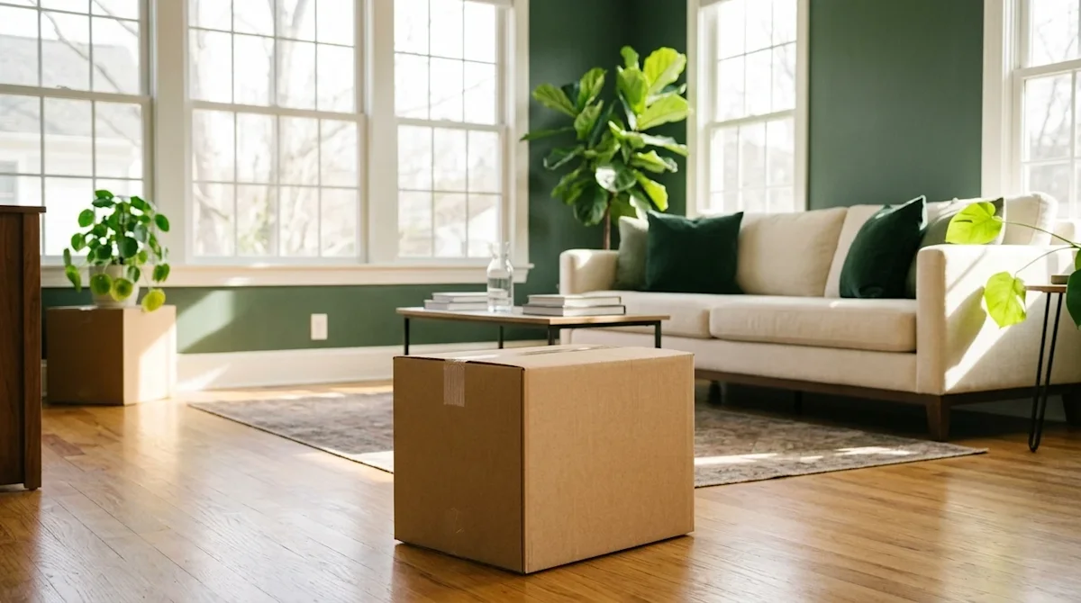 Professional marketing lifestyle photography of a bright, airy, perfectly staged living room ready for an open house, symboli