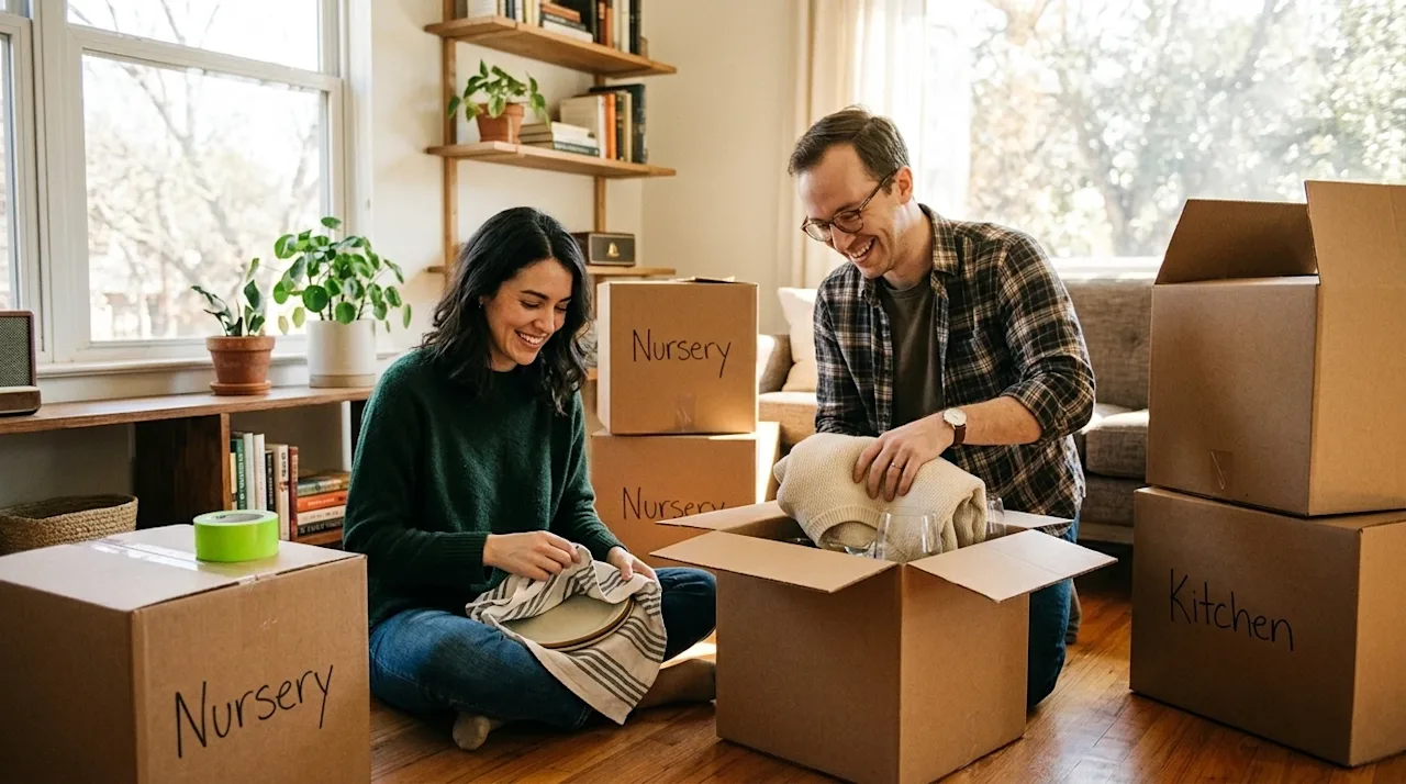 Candid lifestyle photography shot on 35mm film, a smiling couple in a cozy, sunlit Austin apartment living room thoughtfully