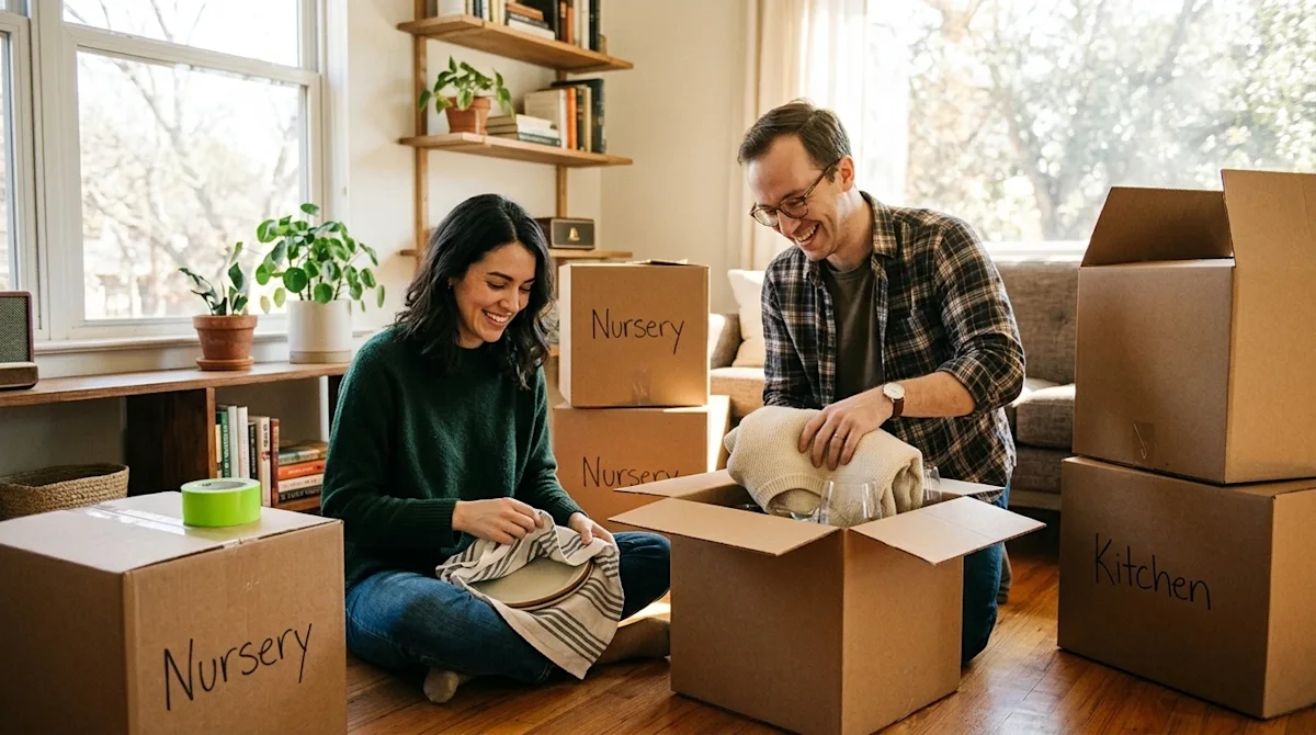 Candid lifestyle photography shot on 35mm film, a smiling couple in a cozy, sunlit Austin apartment living room thoughtfully