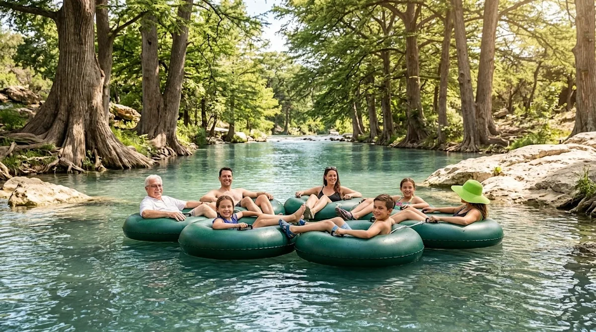 Professional marketing lifestyle photography, full-bleed with no borders or graphic overlays. A cheerful family enjoying a su