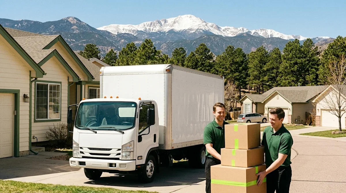 A candid, documentary-style lifestyle photograph of a residential move taking place in Colorado Springs. A pristine white mov