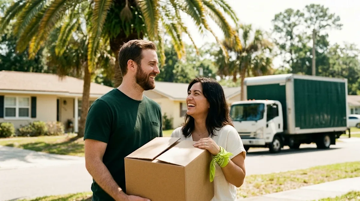 A candid, warm lifestyle photograph of a smiling couple taking a break from moving on a sunny residential street in Jacksonvi