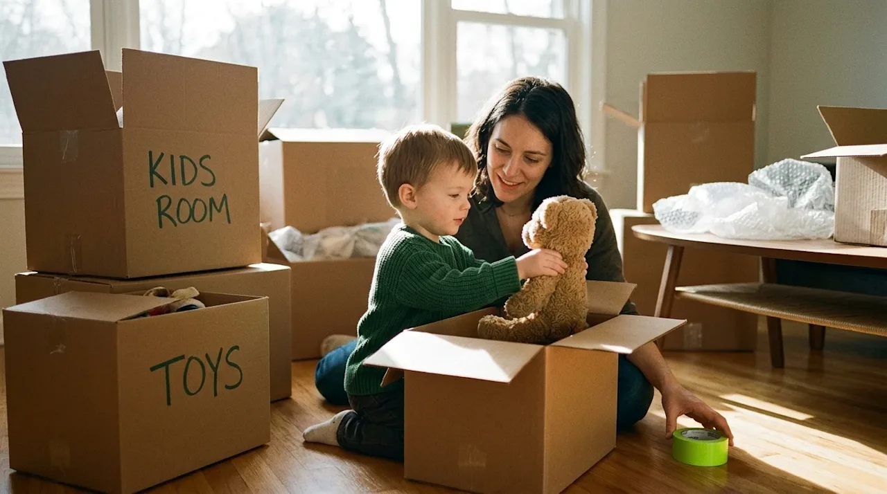 Candid lifestyle photography of a young child sitting on the floor of a partially packed living room, surrounded by clean kra