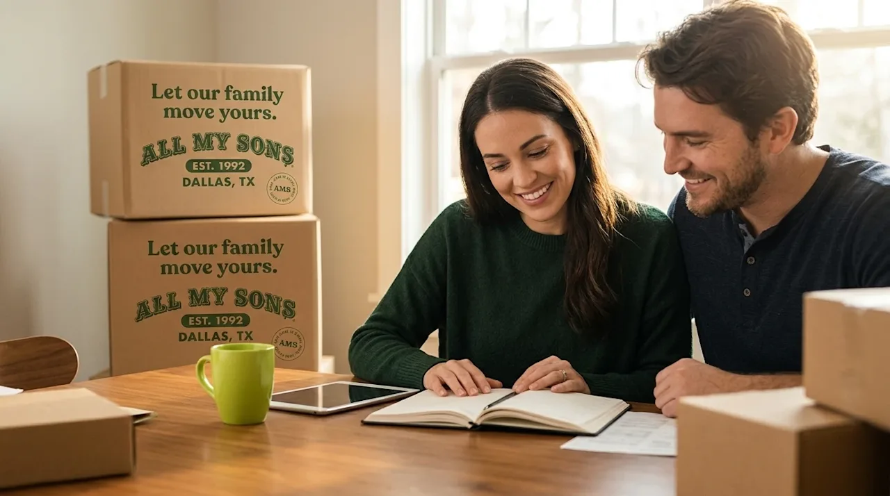 Professional marketing photography of a relaxed, happy couple sitting at a wooden dining table in their new home, looking tog
