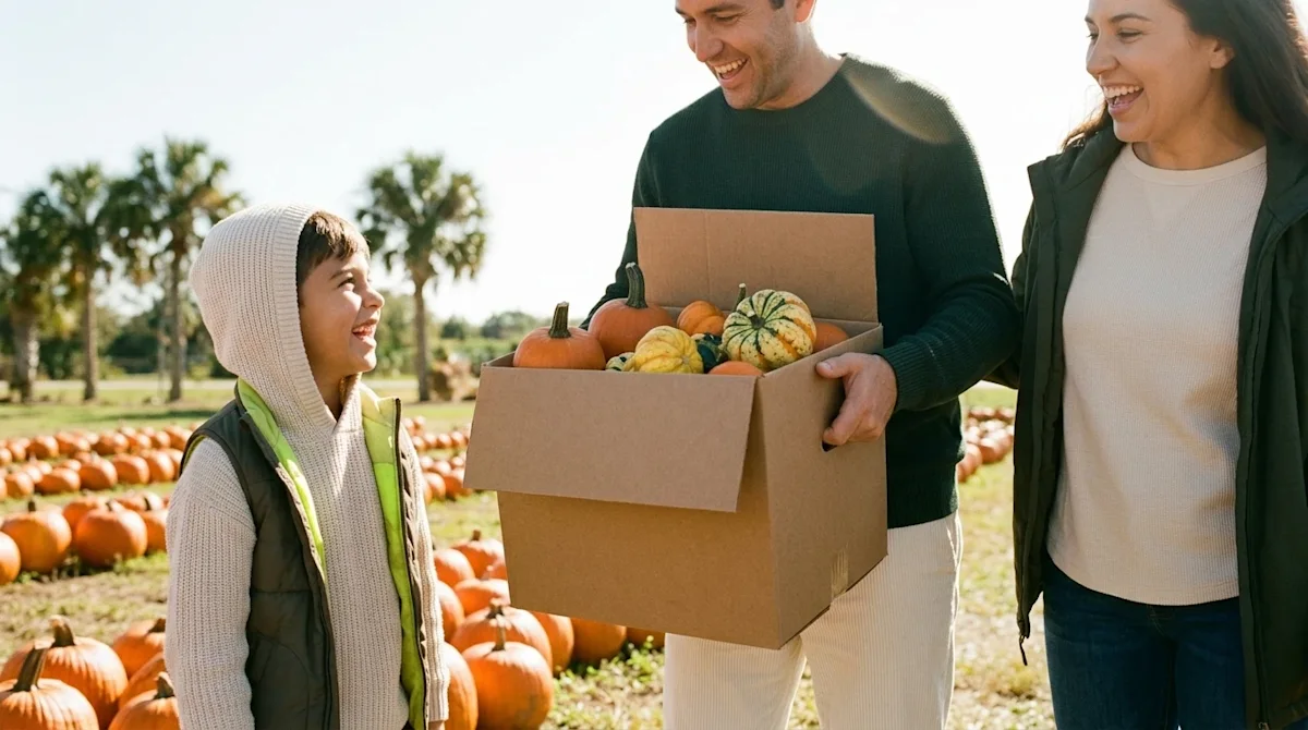 Candid lifestyle photography of a cheerful family enjoying a sunny autumn day at a lush Florida pumpkin patch. The setting fe