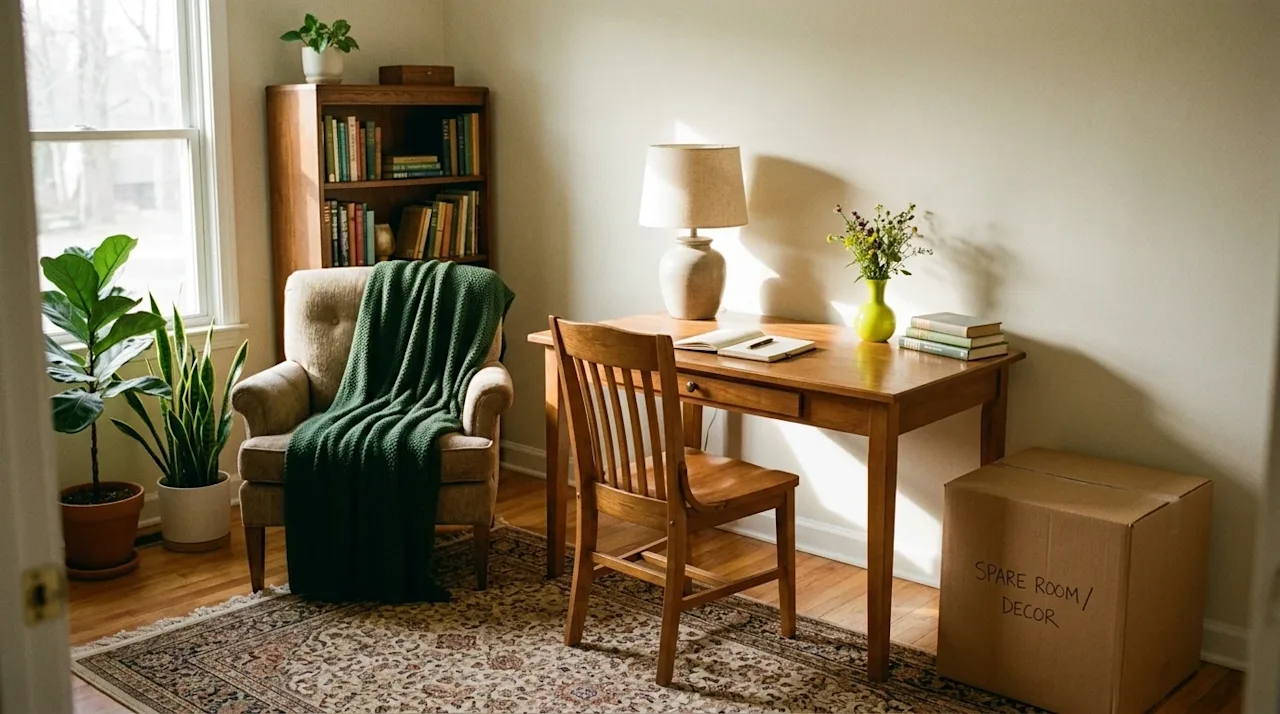 A warm, inviting lifestyle photograph of a newly organized spare room in a house, functioning as a cozy home office and guest