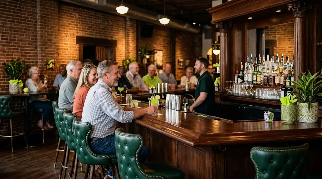Clear and professional marketing photography of the interior of a vibrant, welcoming bar in downtown Knoxville. The scene fea