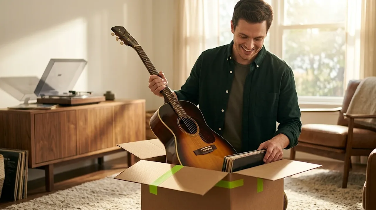 Clear, professional marketing photography of a warm, sunlit living room capturing a joyful moment of unpacking after a move.