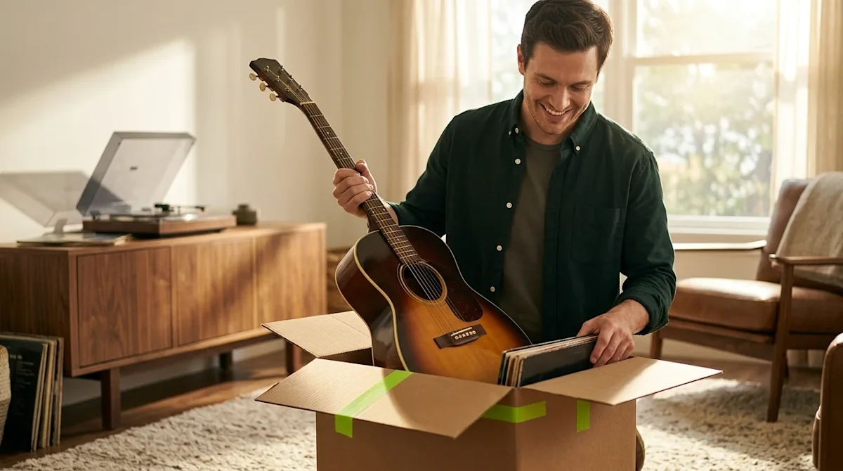 Clear, professional marketing photography of a warm, sunlit living room capturing a joyful moment of unpacking after a move.