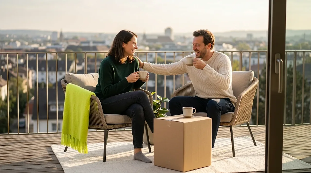 Professional marketing photography of a relaxed, happy couple sitting comfortably on a sunlit balcony overlooking a serene, p