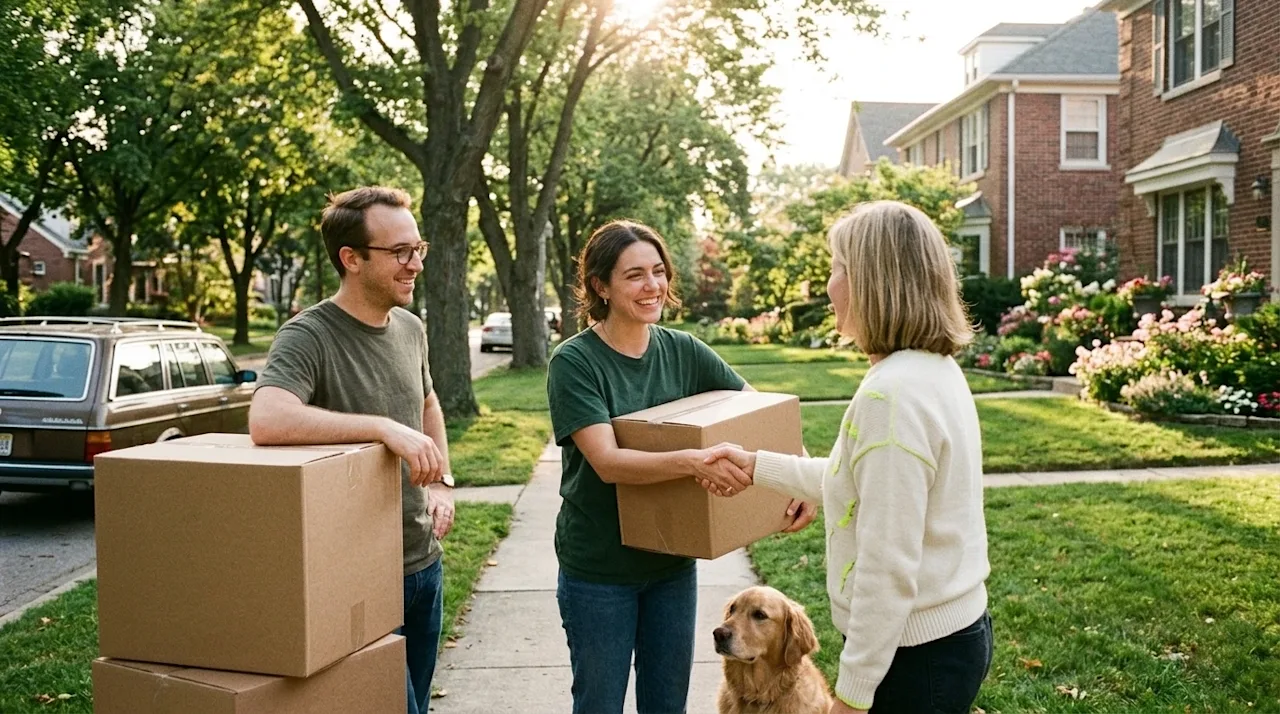 Candid lifestyle photography, a warm and welcoming scene of a couple meeting their new neighbors on a sunny suburban sidewalk