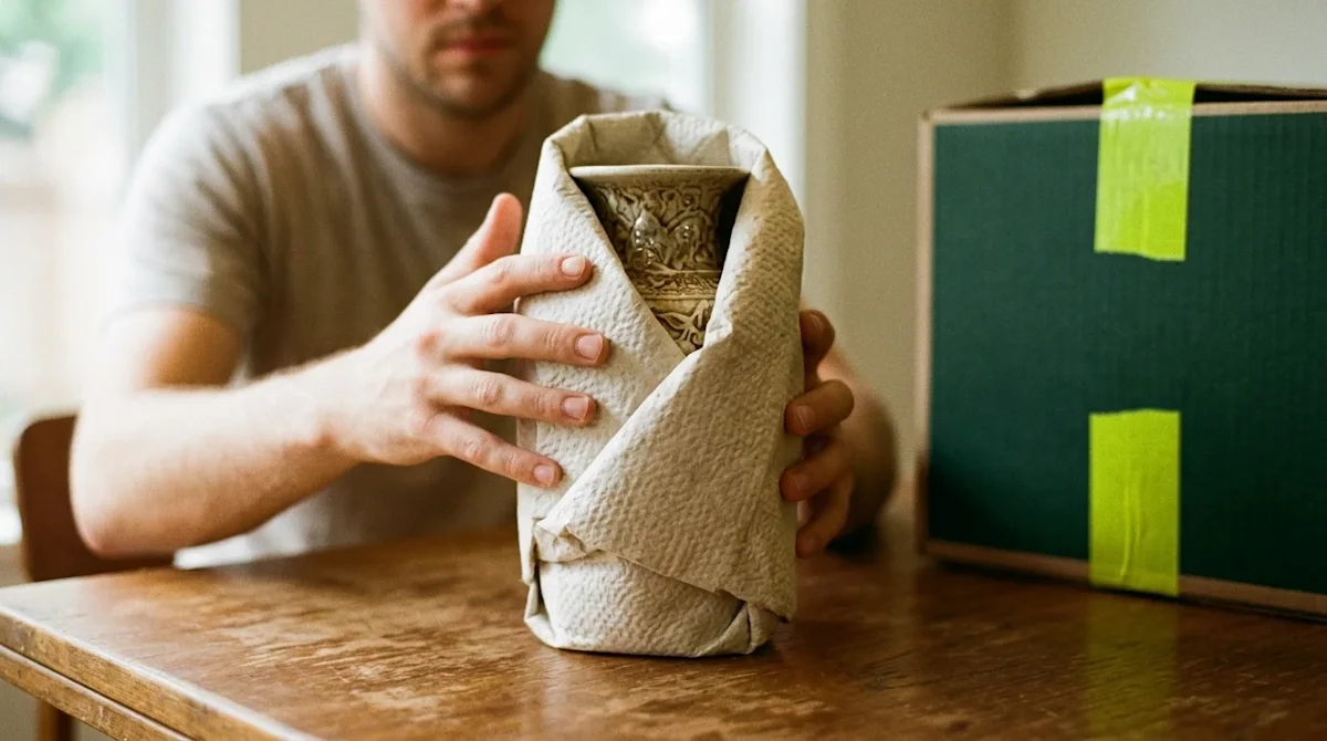 A candid, documentary-style 35mm film photograph illustrating the concept of moving insurance and the careful handling of val