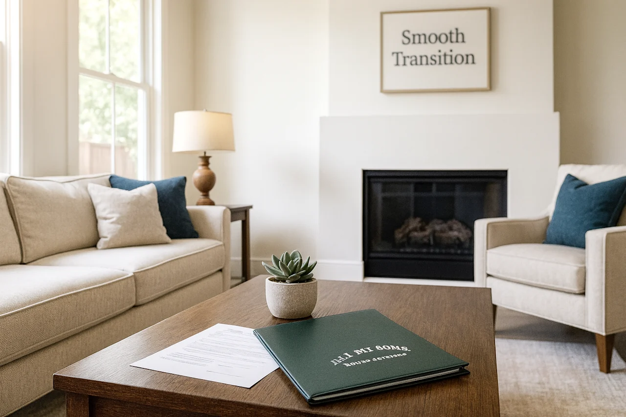 A cozy living room featuring an All My Sons folder, document, and 'Smooth Transition' sign. Our professional residential moving services ensure a stress-free experience.