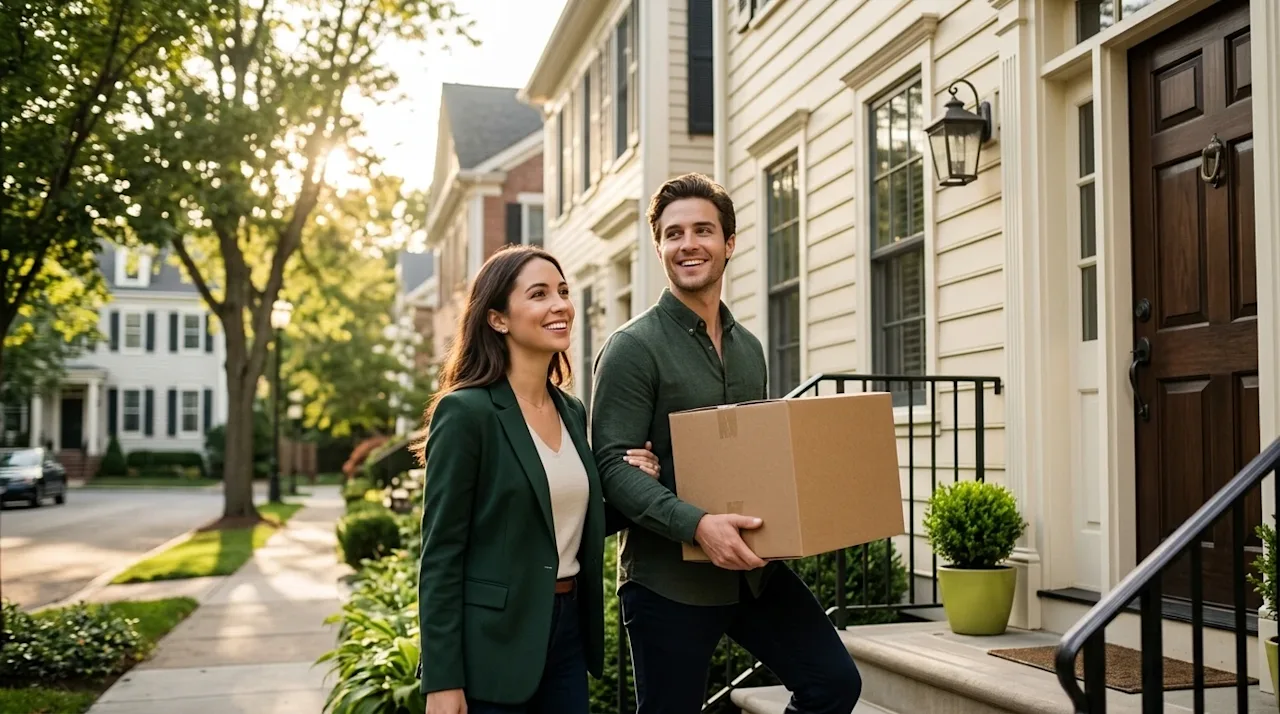 Clear, professional marketing photography of a smiling young professional couple arriving at their new home in a charming, up