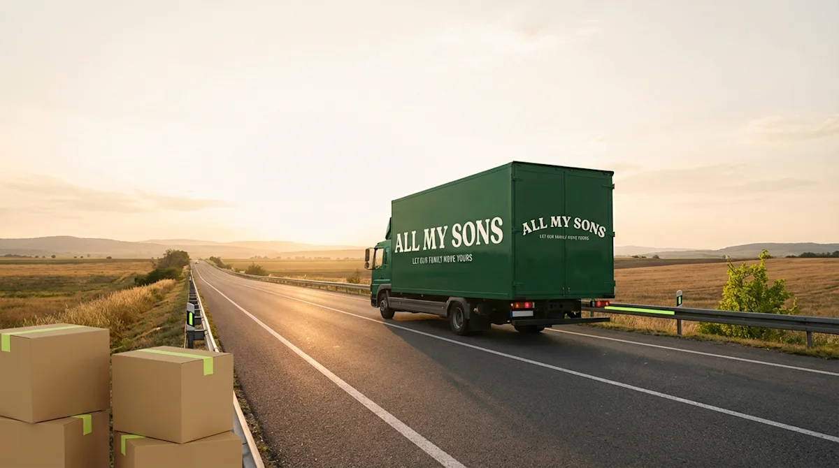 Green All My Sons moving truck on an open highway with cardboard boxes, symbolizing a long-distance out of state move.