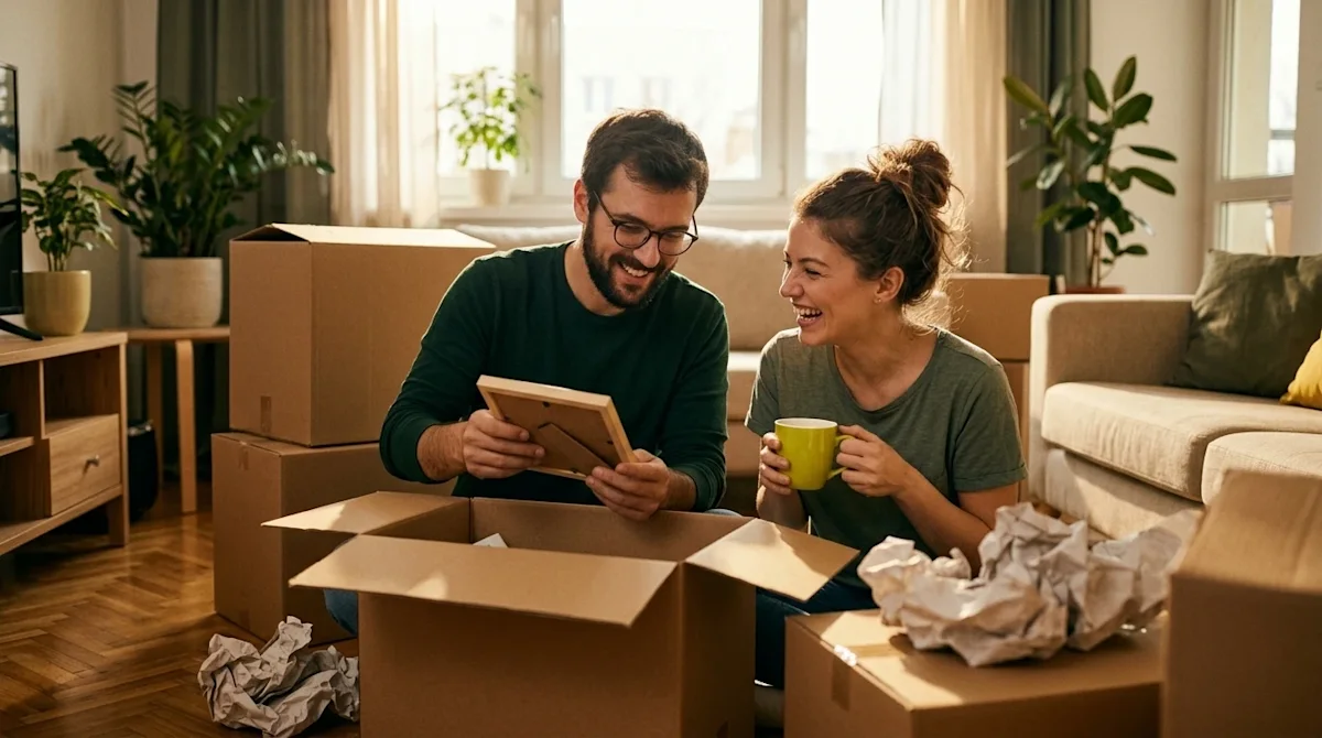 Candid lifestyle photography, 35mm film aesthetic, warm nostalgic lighting, slight vintage film grain. A happy couple smiling