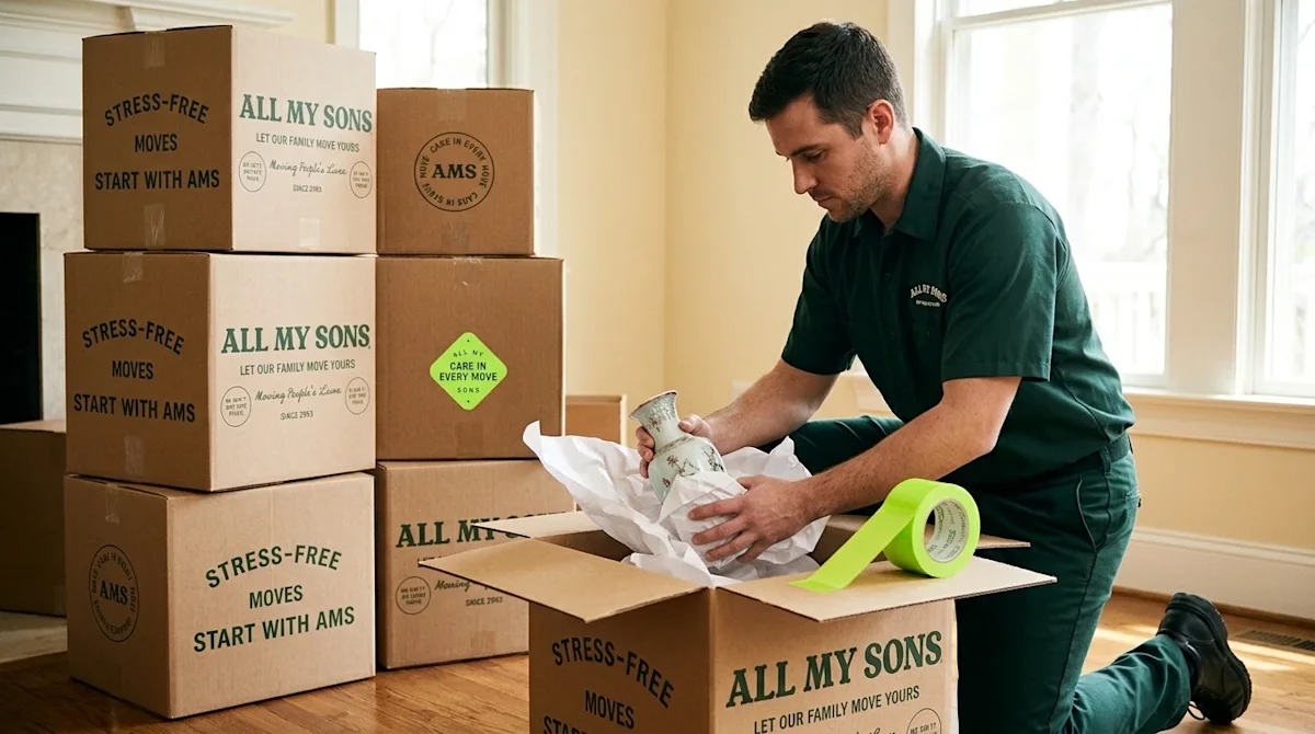 A candid, editorial-style lifestyle photograph showing professional packing and loading services inside a warmly lit, comfort