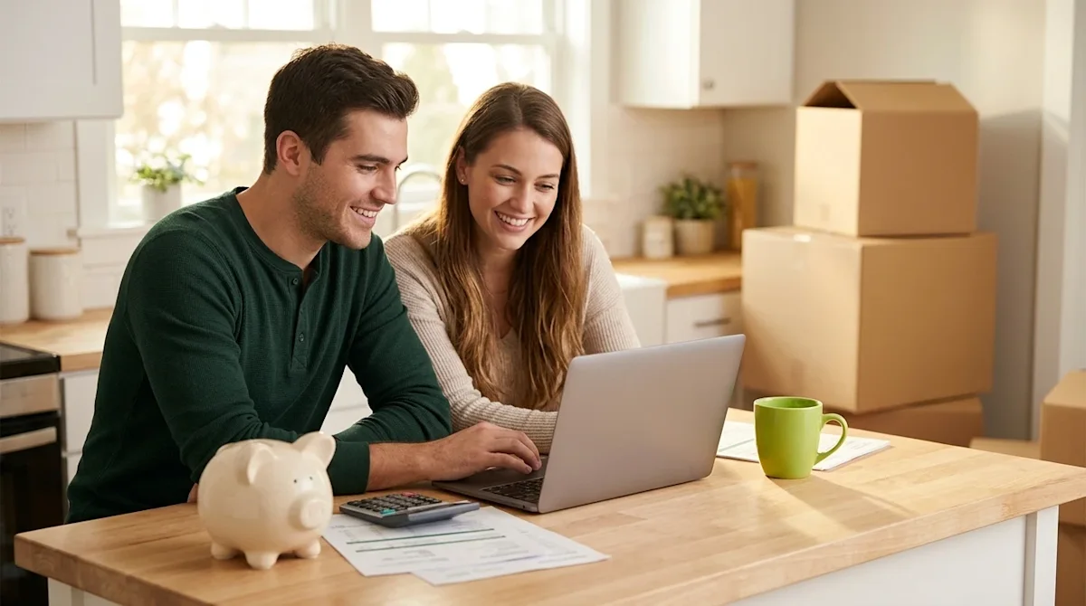 Professional marketing photography of a young couple sitting at a light wood kitchen island, smiling while looking at a lapto
